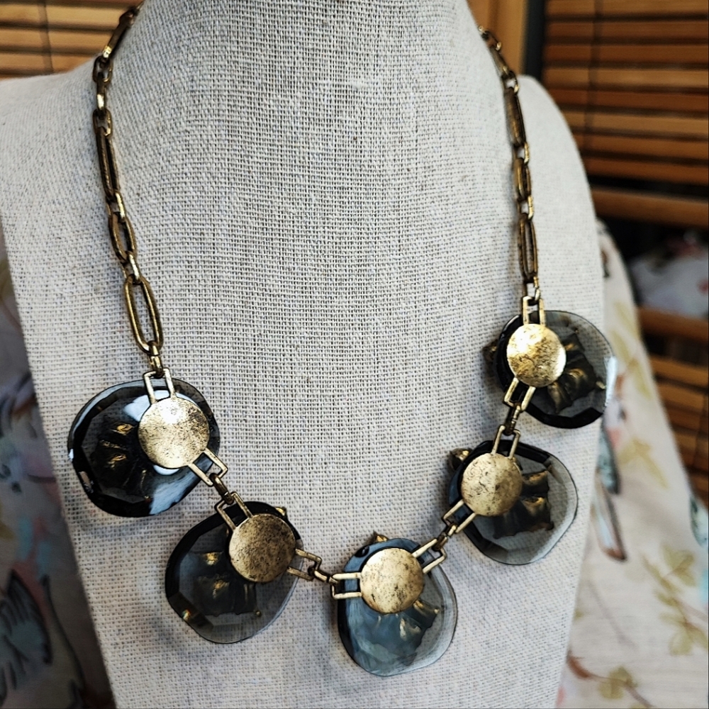 Transparent Acrylic Smoke Clear Rhinestone Oxidized Brass Statement Necklace - Picture 3 of 13